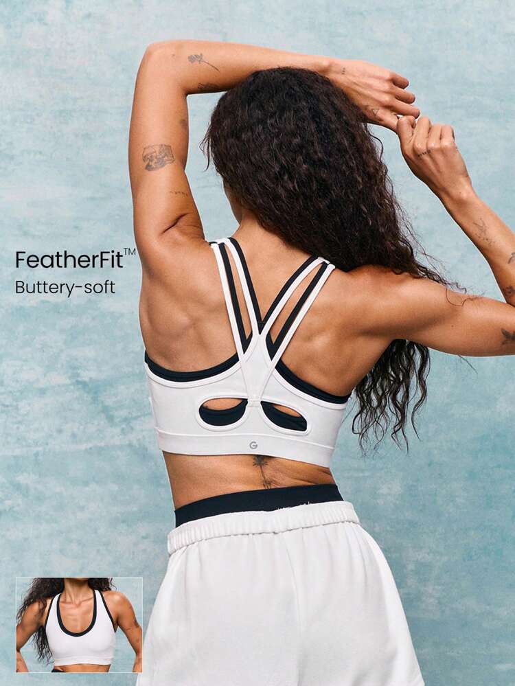 FeatherFit™ Big Energy Contrast Color Panel Removable Cups Sports Bra Low-Impact Yoga Pilates Studio Daily Casual Wear