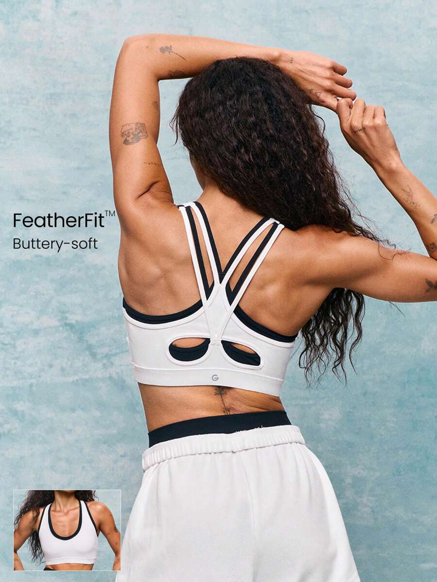 GLOWMODE FeatherFit™ Big Energy Contrast Color Panel Removable Cups Sports Bra Low Impact Yoga Pilates Studio Daily Casual Wear - Đen và trắng - Xem 1