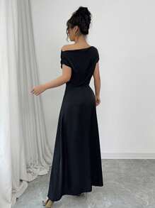 Elenzga 女式夏季连衣裙，肩部不对称，短袖，前褶饰片，编织面料不对称下摆设计，日常休闲百搭风格 - 黑色 - 查看 2