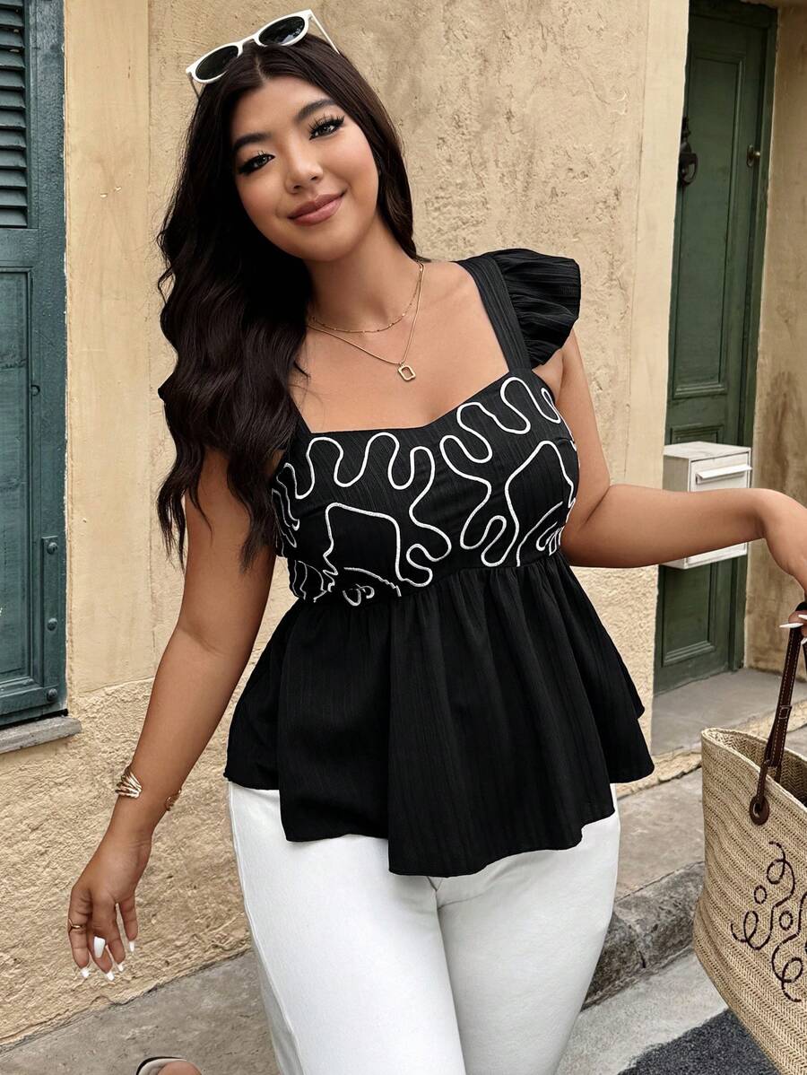 SHEIN LUNE Plus Size Vacation Casual Embroidered Waist Shirt - Black - View 1
