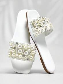SHUZIA Women's Glamorous White Faux Pearls Slip On Spring Flat Sandals Shoe Spring Shoes Spring Break Easter Vacation Shoes Casual Shoes Beach Shoes Mother's Day Present - White - View 3
