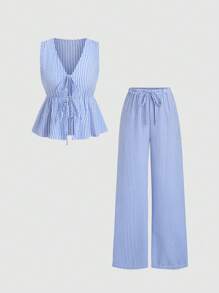 Sweetra European & American Style Summer New Pink Stripe Drawstring Simple Casual Straight Leg Pants, Women 2 Pieces Set - Blue - View 2