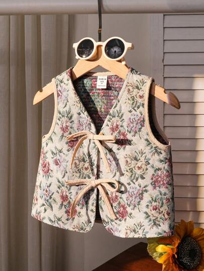 SHEIN 年轻女孩假日前蝴蝶结装饰纹理花卉印花衬衫，花卉刺绣简约休闲上衣，女士波西米亚风不对称系带V领宽松多色提花上衣，花卉植物女孩上衣，春夏，休闲日常分层穿着，可爱优雅甜美复古时尚。妈妈和女儿和姐妹的搭配风格