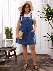 EMERY ROSE Plus Size Women Single Breasted Double Pocket Casual Denim Bib Overall Dress - Dark Wash - View 5