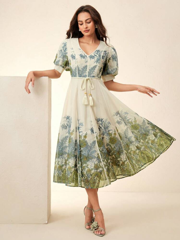 Women's Elegant Floral Print Short Sleeve V-Neck Belted Casual Vacation Dress, Spring/Summer New Arrival