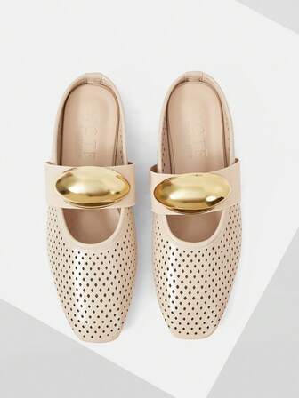 MOTF PREMIUM WOMEN SHOES FRENCH NEW FASHIONABLE HOLLOW BUCKLE SQUARE TOE FLAT BOTTOM HALF SLIPPERS, APRICOT ELEGANT VERSATILE BREATHABLE COMFORTABLE ONE PEDAL LIGHT WEAR-RESISTANT SIMPLE GENEROUS HIGH-END SHOES SPRING SHOES