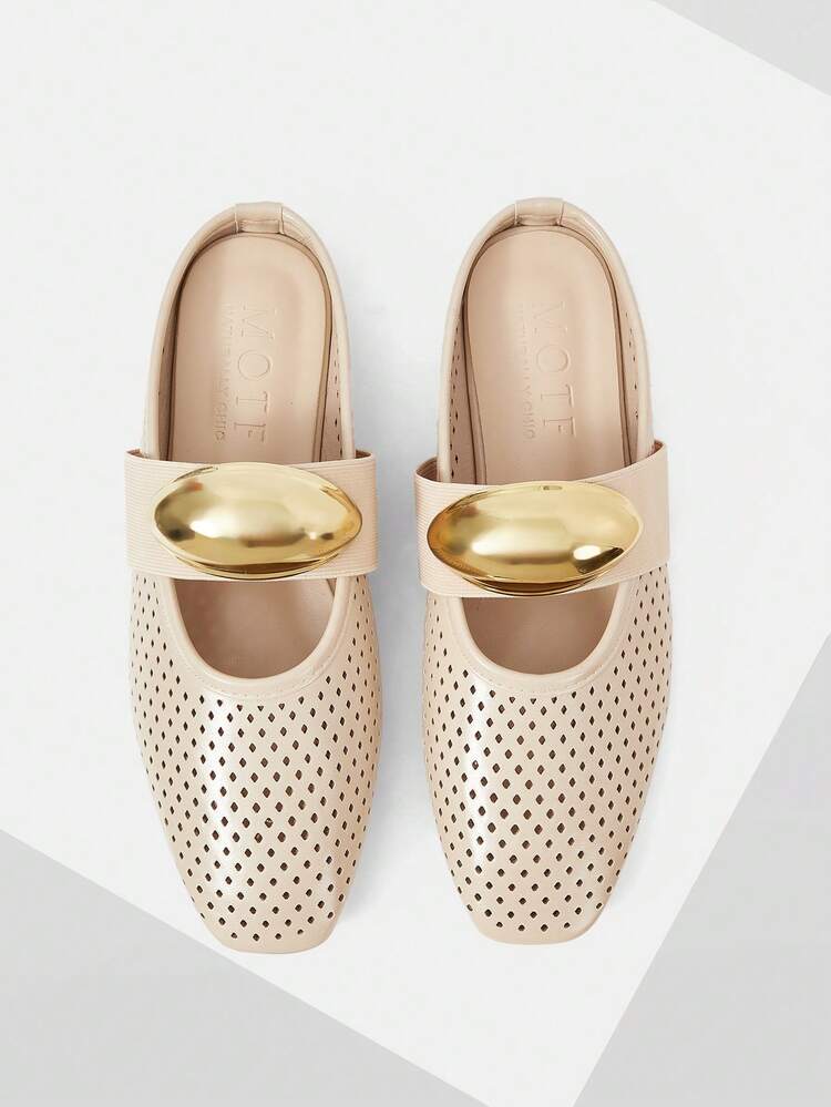 WOMEN SHOES FRENCH NEW FASHIONABLE HOLLOW BUCKLE SQUARE TOE FLAT BOTTOM HALF SLIPPERS, APRICOT ELEGANT VERSATILE BREATHABLE COMFORTABLE SLIP-ON LIGHT WEAR-RESISTANT SIMPLE GENEROUS HIGH-END SHOES SPRING SHOES