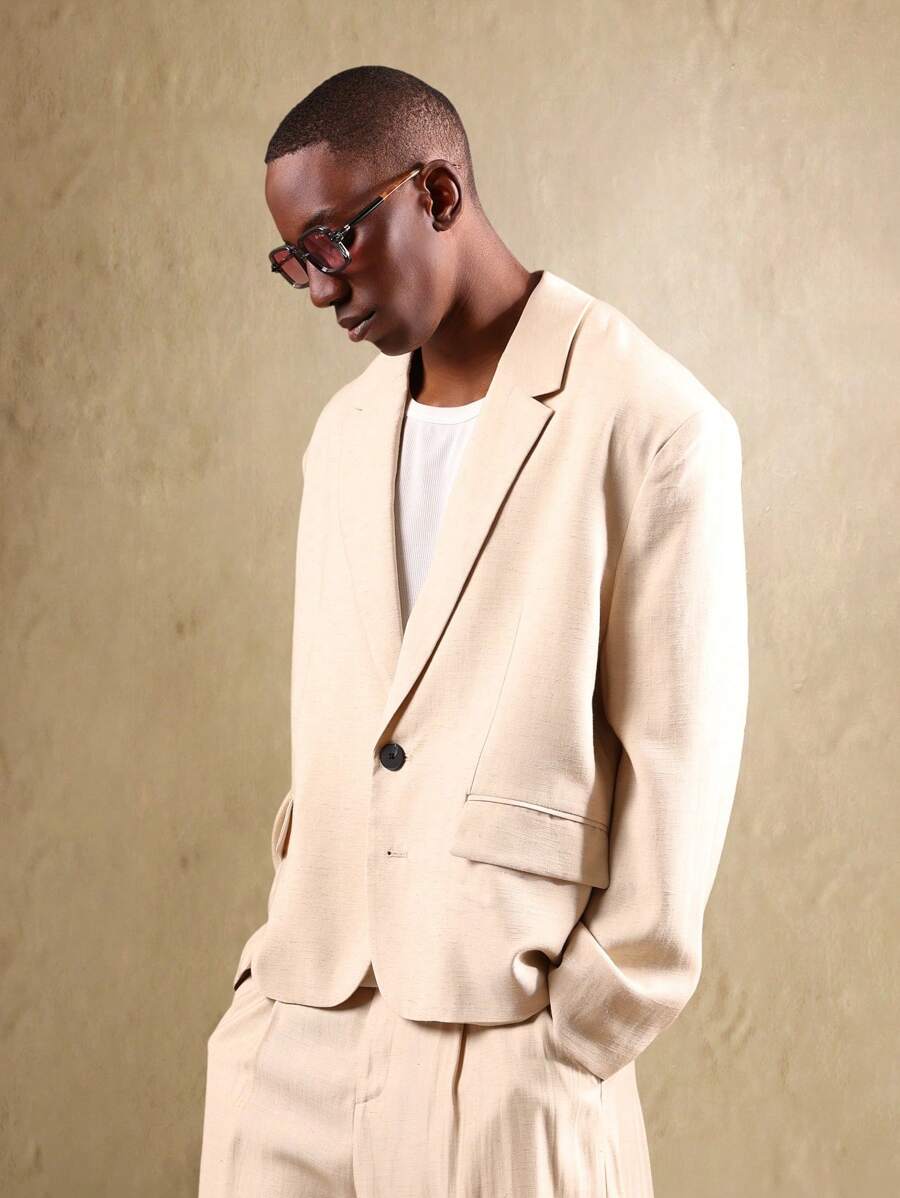 SUMWON 亚麻混纺短款单排扣春季西装外套时尚休闲商务专业面试装结构化定制轻便西装外套 - 卡其色 - 查看 1