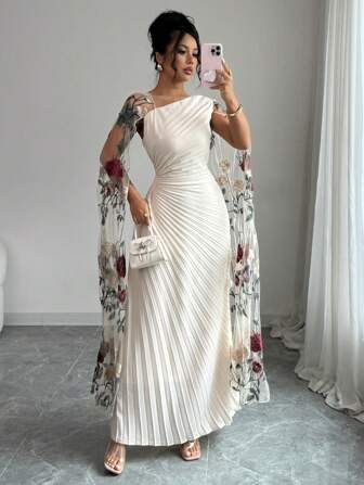 Rafferiza 女士优雅通勤连衣裙，腰部褶皱设计，不对称下摆和刺绣网眼袖子，长袖漂亮礼服