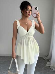 Elenzga Vintage French Elegant Ruffle Hem Design Front Tie Camisole, Suitable For Music Festivals - Apricot - View 1