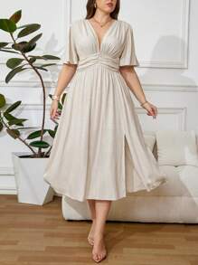 SHEIN Clasi Vestido de lino con cuello en V y bajo con abertura para mujer talla grande, vestido de madre de la novia, verano - Albaricoque - Ver 4