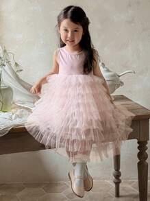 Dazy Kids Young Girls Round Neck Sleeveless Mesh Patchwork Summer Dress - Pink - View 2