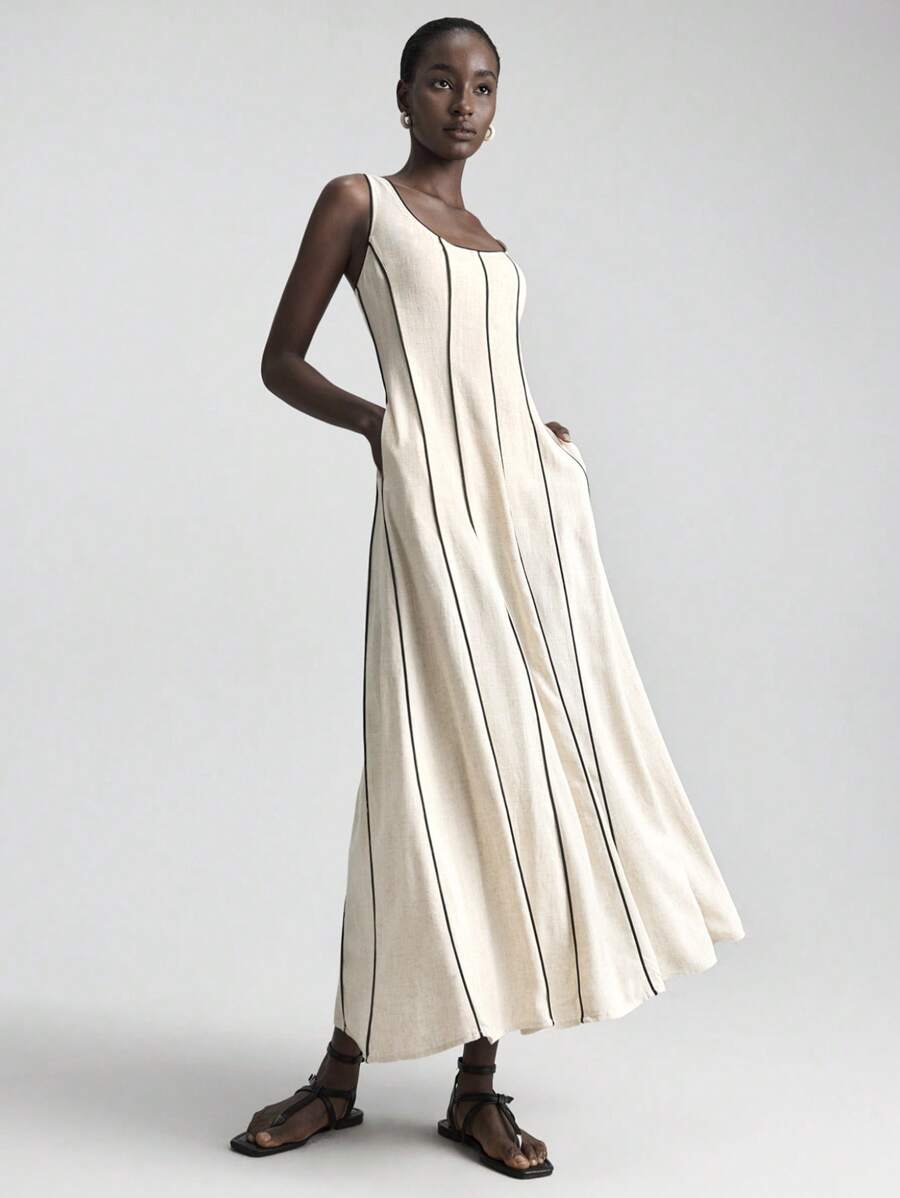 Ontre 2026新款杏色无袖轻薄休闲连衣裙，适合商务场合、日常通勤、优雅海滩度假、婚礼宾客、乡村音乐节等。 - 卡其色 - 查看 1