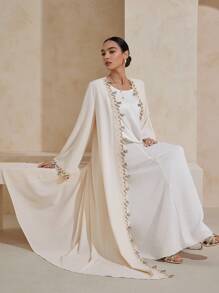 Graceveil Áo len cardigan tay dài hở phía trước viền ren hoa màu trơn thanh lịch - Màu be - Xem 7