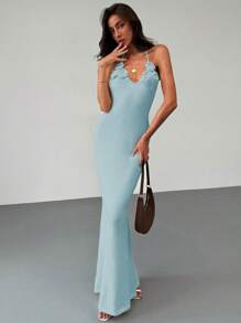 Aloruh Romantic Date Vacation Backless Wrap Tie Tight Knitted Floral Pattern Ladies Dress - Baby Blue - View 8