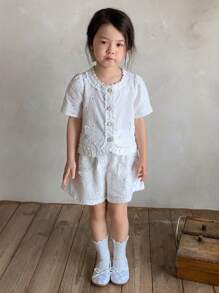 DAZY 女童夏季圆领蕾丝3D短袖韩版上衣套装 - 白色 - 查看 2