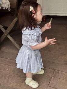 Hapijoa 2pcs/Set Baju Bayi Perempuan Polo Kerah Garis-garis dengan Pita dan Rok Lipit, Pakaian Balita Perempuan - Biru - View 5