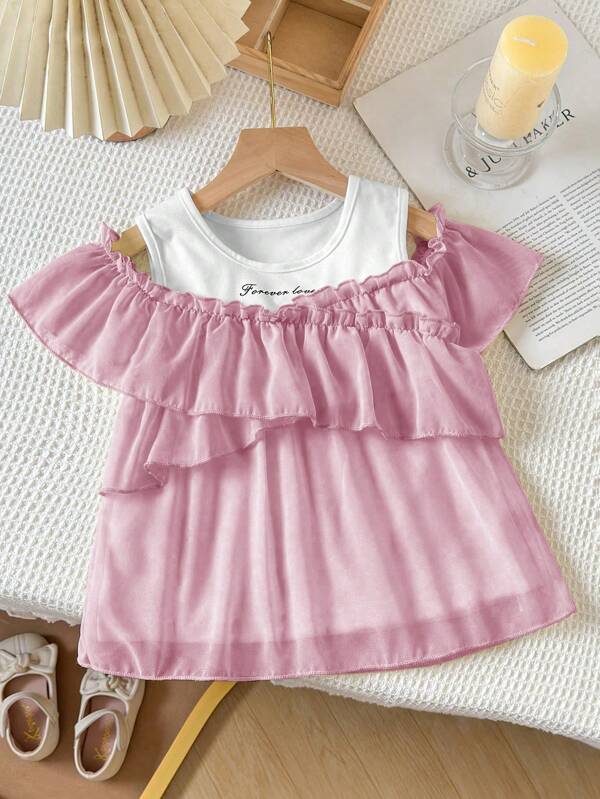 Genkimix Kids Young Girl Letter Print Irregular Off-Shoulder Sleeve Faux Two Pieces Pearl Chiffon Spliced T-Shirt, Summer