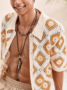 Manfinity BRENVOR 男士度假休闲几何镂空针织开衫 男士钩针衬衫 男士波西米亚风衬衫 男士度假装 男士沙滩衬衫 男士度假衬衫 男士沙滩上衣 男士度假衬衫 - 彩色 - 查看 4