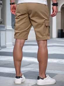 Manfinity Homme Men's Solid Color Elastic Waist Drawstring Pocket Casual Cargo Shorts - Khaki - View 2