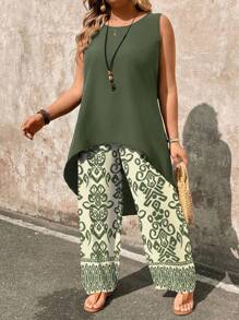 EMERY ROSE Set da 2 pezzi con taglie comode: top smanicato con stampa paisley e pantaloni a zampa larga