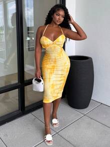 Alexandranx Váy in họa tiết hoa trừu tượng bó sát lưng màu hồng gợi cảm đơn giản dành cho nữ - Màu vàng - Xem 1