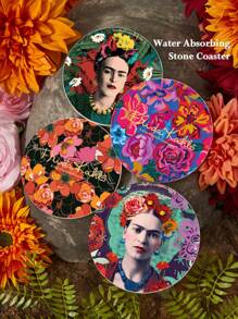 Frida Kahlo X SHEIN 杯垫4件套，吸水饮料杯垫带支架，热带度假风格陶瓷饮料杯垫，用于保护桌面，茶几装饰，非常适合家居装饰，搬家礼物 - 彩色 - 查看 1