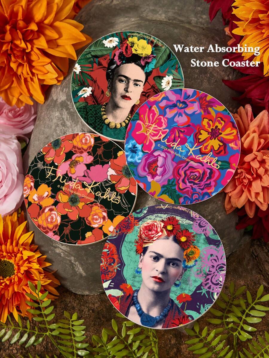 Frida Kahlo X SHEIN 杯垫4件套，吸水饮料杯垫带支架，热带度假风格陶瓷饮料杯垫，用于保护桌面，茶几装饰，非常适合家居装饰，搬家礼物 - 彩色 - 查看 1