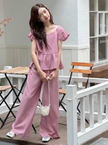 Dazy Kids 2pcs/Set Teenager Girls Cap Sleeve Top And Wide Leg Pants Summer Outfit