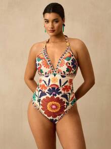 Travachic Plus Size Bohemian Style Tropical Beach Colorful Floral Print V-Neck Backless One-Piece Swimsuit For Women, Summer