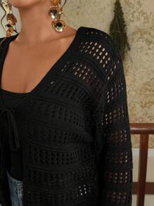 SHEIN VCAY Plus Size Solid Color Hollow Out Short Knit Black Cardigan Y2k Black Summer Top Crochet Tops For Women Eyelet Top For Women Knit Top Summer Tops Going Out Tops Women Crochet Streetwear Tie Front Top Mesh Back To School In Fall/Winter, For Woman