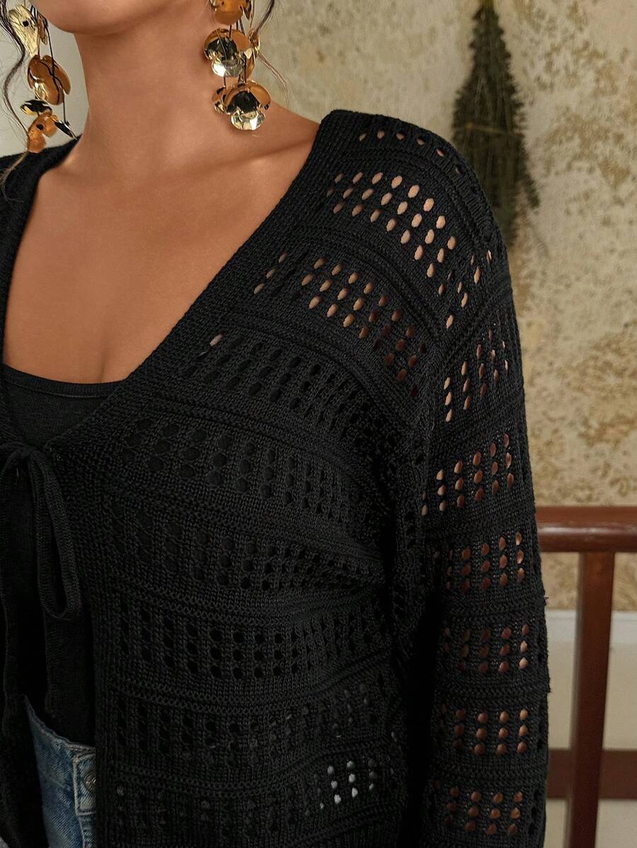 SHEIN VCAY Plus Size Solid Color Hollow Out Short Knit Black Cardigan Y2k Black Summer Top Crochet Tops For Women Eyelet Top For Women Knit Top Summer Tops Going Out Tops Women Crochet Streetwear Tie Front Top Mesh Back To School In Fall/Winter, For Woman