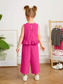 SHEIN 2 件装少女梭织纯色圆领荷叶边宽松背心和梭织宽松休闲裤套装 - 玫紅色 - 查看 7