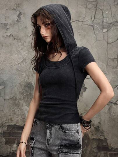 Grunge Punk هودي مستوحى من طراز هاراجوكو الفاخر Y2K، ذو تأثير مغسول ممزق بإحكام ضيق، تي شيرت نسائي