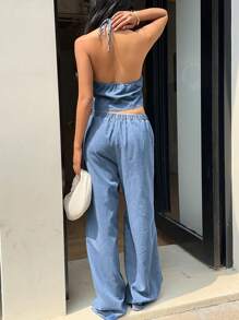 Trang phục denim nữ - Áo cổ yếm và quần cạp chun, màu xanh lam - Rửa nhẹ - Xem 2