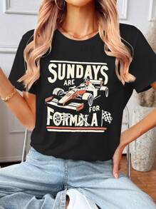 El domingo es para los fanáticos de las carreras de fórmula, Camiseta de mujer de manga corta con cuello redondo y estampado de autos de carreras, para usar en verano - Negro - Ver 3