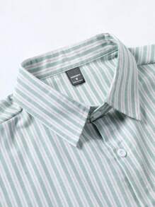 Manfinity Homme 男士条纹单排扣休闲短袖衬衫（不对称）男士条纹衬衫条纹衬衫条纹衬衫，老钱款 - 綠色 - 查看 6