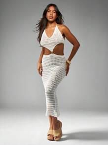 MISSGUIDED Crochet Knit Maxi Dress Halter Neck Beaded Cut Out Summer Vacation Resort Beachwear Swim Cover Up Long Length Fashion Statement - White - View 1