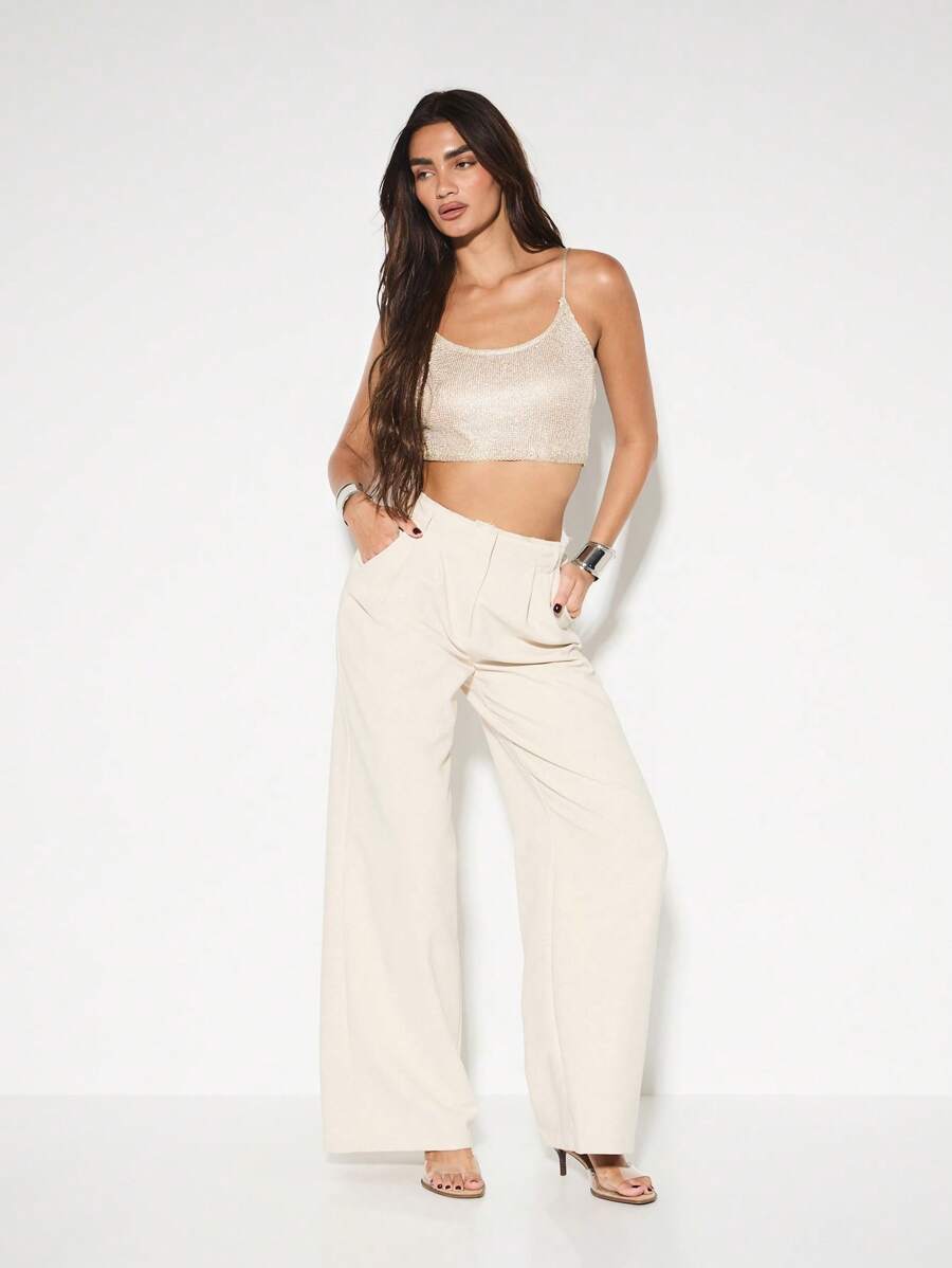 KIZN 金属卢勒克斯针织吊带短款上衣节日派对装无袖闪光短款背心晚间舞蹈俱乐部装 - 香檳色 - 查看 1