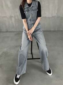 FRIFUL 休闲日常时尚前扣无袖女式牛仔工装裤 - 藍色 - 查看 6