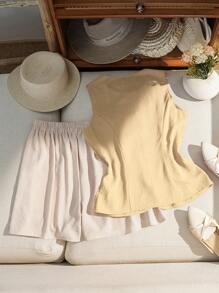 SHEIN LUNE 2pcs/Set Women Linen-Like Texture Faux Wood Button Sleeveless Blouse And Shorts Sets - Yellow - View 2
