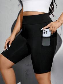 SHEIN Essnce 大码女式春夏时尚休闲运动高弹力舒适基本百搭日常黑色机车短裤带口袋，女式下装，街头服饰，曲线短裤，外出服，Y2k 服装，慢跑裤，骑行短裤
