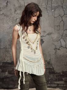 ROMWE Grunge Punk Asymmetrisches Rüschen-Perlendesign Metall Dekor Bodycon Cami Top im Hip Y2K Baddie Stil - Beige - Übersicht 13