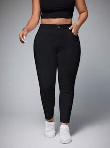SHEIN ICON Quần Jeans Skinny Fit Màu Trơn Đa Năng Cỡ Lớn - màu đen - Xem 3
