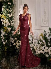 Glamrae Đầm dạ hội đuôi cá cổ chữ V tay dài đính sequin lưới màu tương phản thanh lịch, eo cao - Màu Đỏ Sâu - Xem 3