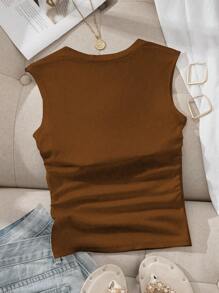 Comfortcana Square Neck Waist Ruched Padded Cami Bra Free Tank Top, Suitable For Summer, Built-In Bra - Brown - View 2