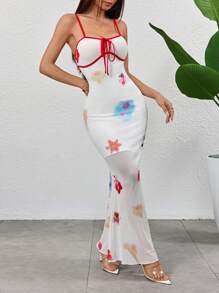 Chiquease 女式撞色饰边细肩带系腰网眼拼接紧身连衣裙 - 彩色 - 查看 5