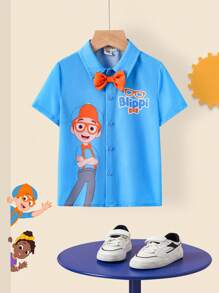 Blippi X SHEIN Young Boy Summer Cartoon Pattern Orange Bowknot Blue Casual Short Sleeve Shirt