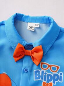 Blippi X SHEIN Young Boy Summer Cartoon Pattern Orange Bowknot Blue Casual Short Sleeve Shirt