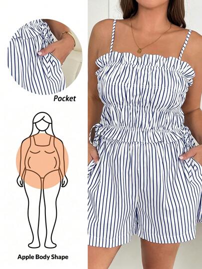 SHEIN Essnce Plus-Size Women's Summer Two Pieces Set, Shorts Set, Casual Women's Set Summer Outfits For Women,Ladies' Halter Tops, Striped Children's Clothing